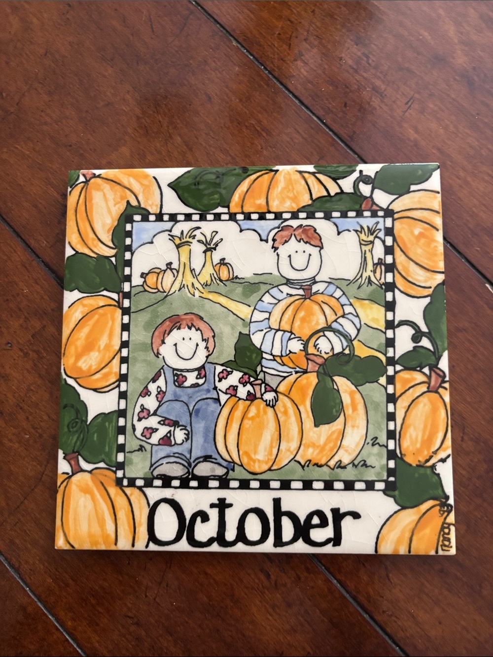 Vintage H&R Johnson October Pumpkin Tile/trivet